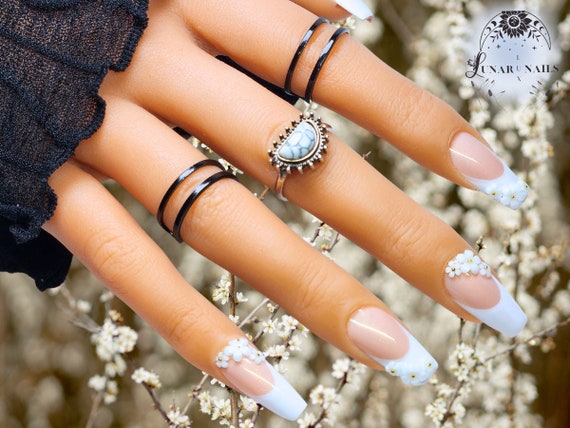 Flower Wedding French Tip Nail Art Design/ Luxury Gel Press on ...