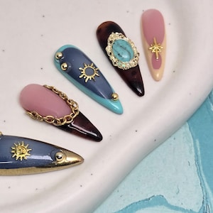Luxury custom press on/Handmade press on nails/blue nails/tortoise nails/gold chrome nails/gold charms nails/boho hippie nails/french tip
