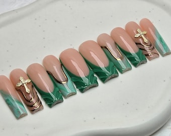 Luxury Green Marble Press On Nails: Gold Chrome, 3D Gel, French Tip