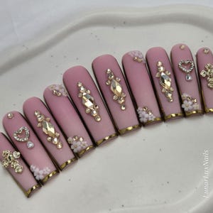 Luxury custom press on nails/nude gold chrome matte nails/gold bling charms/champagne gold rhinestones/flower charms elegant fancy nails