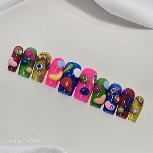 Colorful rainbow Luxury custom press on nails/ funky 3d nails/ y2k nails/jelly nails/abstract nails/chrome nails/short nails