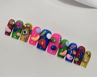 Luxury Rainbow Press On Nails: Funky 3D Y2K Jelly Nails