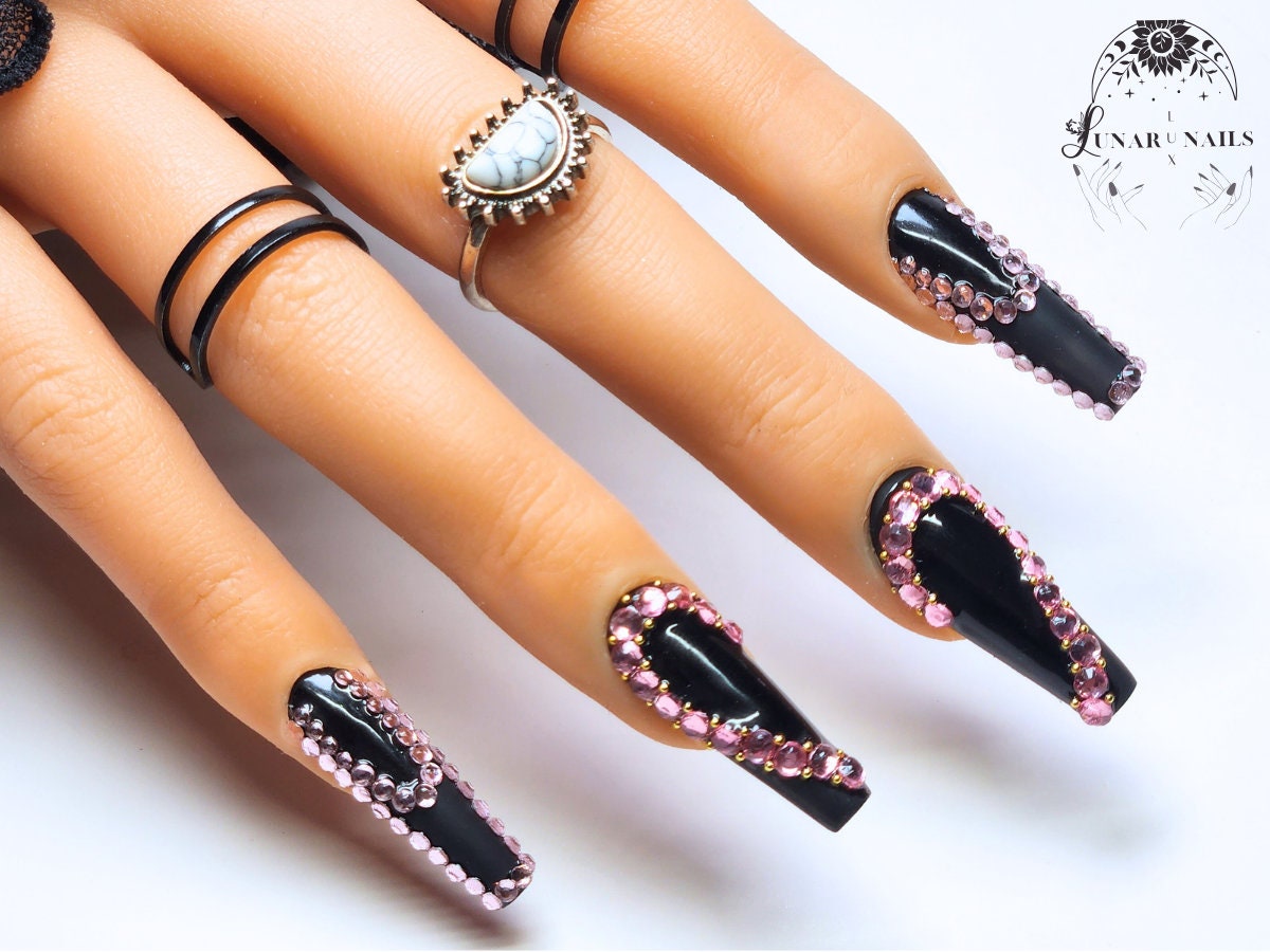 Black Matte Nails With Rhinestones by DeAr