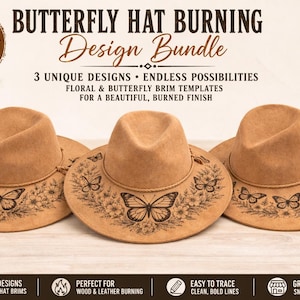 Butterfly Hat Burning Design Bundle | Floral Brim Templates, Wood Leather Files (SVG)