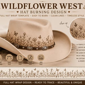 Wildflower Hat Burning SVG | Fjärils-Fedora-brättedesign | Boho Western Hattmall för vedeldning