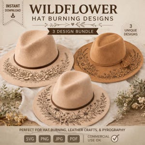 Wildflower Hat Brim Design Bundle | 3 Pyrography Patterns | Floral Cowboy Hat Burning Templates | SVG PNG PDF Files