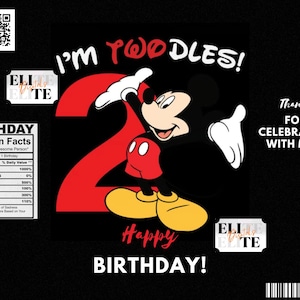 May include: A black and red birthday card featuring a cartoon Mickey Mouse character holding a large red number two. The card has the text "I'm Twoodles!" and "Happy Birthday!" in red and white. The card also includes a nutrition facts table with humorous categories like "Loved", "Party Poopers", and "Fun".