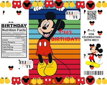 Plantilla de bolsa de papas fritas de cumpleaños de Mickey Mouse, Canva (descarga digital)