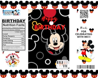 Plantilla de bolsa de papas fritas de cumpleaños de Mickey Mouse, Canva (descarga digital)