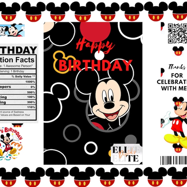 Mickey Mouse, Chip Bag Template, Canva, Mickey Mouse Birthday Party, Mickey Mouse, Kid Party, Nutritional Label, Canva, Instant Download