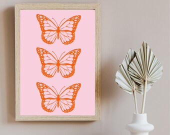 PINK BUTTERFLY PRINT, Digital Trendy Download Prints, Mariposa Print, Set of 1, Printable Wall Art, Bar Cart Prints