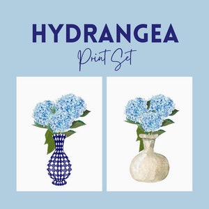 Conjunto de HYDRANGEA WALL PRINTS, conjunto de 2, download digital de impressões da moda, arte de parede azul e branca, conjunto de arte de parede
