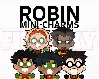 May include: A graphic illustration featuring five chibi-style characters dressed in red, yellow, and green superhero costumes with green masks. The text ROBIN MINI-CHARMS is displayed in bold black letters at the top of the white background.