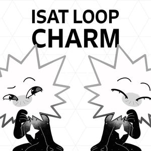 Może przedstawiać: Czarno-biała ilustracja przedstawiająca dwie postacie z kreskówek z głowami w kształcie gwiazd i kosmicznymi ciałami. Tekst "ISAT LOOP CHARM" jest wyświetlany nad postaciami. Postacie mają ekspresyjne oczy i siedzą.
