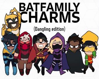 May include: A digital illustration titled BATFAMILY CHARMS (Dangling edition) featuring seven stylized cartoon characters in superhero costumes. The characters are depicted in various poses with distinct color schemes including yellow, blue, red, and purple.