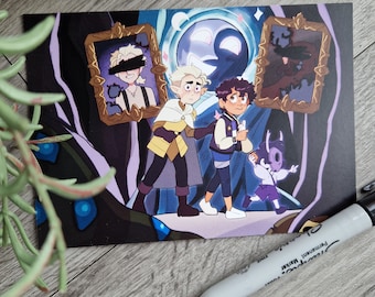 May include: A print featuring three characters from the animated series The Owl House. The characters are standing in front of a glowing orb. The print is set against a dark background with purple and blue accents.