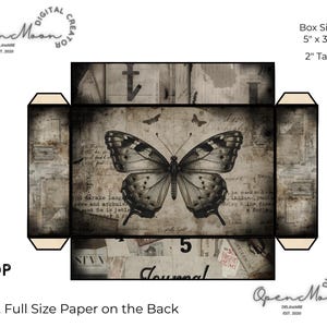 May include: A flat, unfolded box design with a vintage aesthetic. The box features a large butterfly illustration in grayscale, set against a backdrop of aged paper textures and script. The box size is 5" x 3.5" and 2" tall. The text "Journal" is visible.