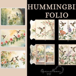 May include: Hummingbird Folio art prints featuring watercolor illustrations of hummingbirds, flowers, and foliage. The prints showcase a variety of scenes, including hummingbirds perched on branches and flying near blossoms. The text "Hummingbird Folio" is displayed in large, bold letters.