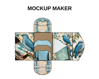 May include: A flat, unfolded box mockup featuring a bluebird and floral design. The design includes a bluebird perched on a branch, vintage books, and floral accents. The text "MOCKUP MAKER" is at the top.