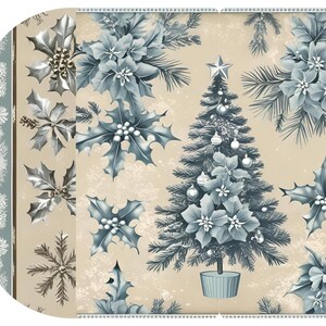 May include: A Christmas-themed design featuring a decorated tree, holly, and poinsettias in shades of blue and silver on a beige background. The design includes a star on top of the tree and snowflake accents.