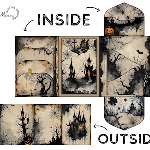 May include: A Halloween-themed paper craft project with the words "INSIDE" and "OUTSIDE". The design features spooky illustrations of haunted houses, cobwebs, bats, and a jack-o'-lantern in shades of black, grey, and orange.