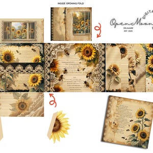 Puede incluir: Una colección de efímeras de papel con temática de girasoles de estilo vintage. Los diseños incluyen girasoles, abejas, encajes y texto manuscrito sobre papel envejecido. La paleta de colores es cálida, con amarillos, marrones y cremas. El logotipo de Open Moon Digital Creator es visible.