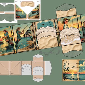 Vintage Folio Fisherwoman 22-Page Printable – Coastal Charm - Fishing Pole - Sunset Fishing - Women Fishing