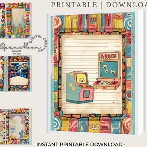 May include: Printable digital download featuring lined paper with colorful candy and cityscape borders. The main image showcases an arcade game illustration with the word "ARADE" on the screen. The text "PRINTABLE | DOWNLOAD" is at the top.