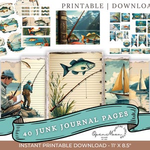 Vintage Fisherman Junk Journal Kit - 39 Pages Printable Ephemera, Antique Fishing Scrapbook, Nautical Collage Sheets, Digital Download PDF