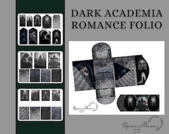 May include: A digital Dark Academia Romance Folio design. The image features a collection of gothic-themed illustrations, including portraits, architectural elements, and textured backgrounds. The color palette is primarily grayscale with dark accents. The text "DARK ACADEMIA ROMANCE FOLIO" is displayed.