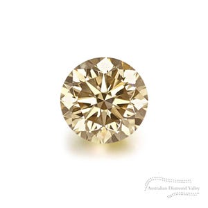 Könnte beinhalten: Ein runder, hellbrauner Diamant mit Brillantschliff. Der Diamant ist vor einem weißen Hintergrund platziert.