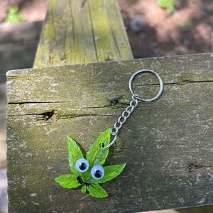 May include: A green leaf with googly eyes attached to a silver keychain. The keychain is hanging from a wooden surface.