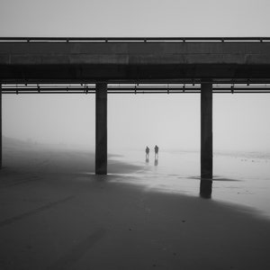 Black and White Foggy Beach, Photography Print Wall Art