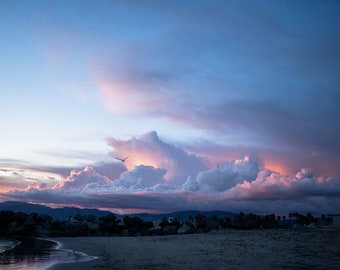 Beach Sunset, Pink and Blue Clouds and Sky, Printable Photography Wall Art