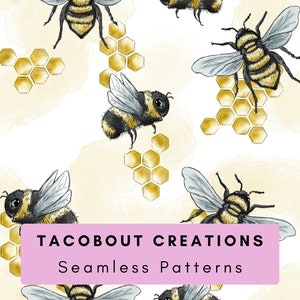 May include: A seamless pattern featuring a repeating design of bumblebees and honeycombs. The bees are drawn in a realistic style with black and yellow stripes and translucent wings. The honeycombs are gold and have a textured appearance.