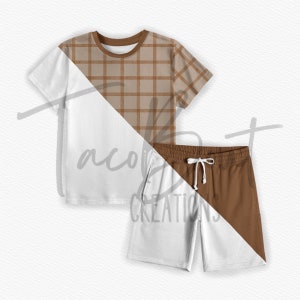 May include: A white and brown plaid short-sleeved shirt with a brown crew neck and a pair of brown and white shorts. The shorts have a drawstring waist.