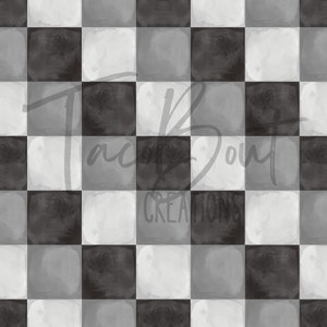 May include: A black and white checkered pattern with a watercolor effect. The squares are arranged in a repeating pattern.