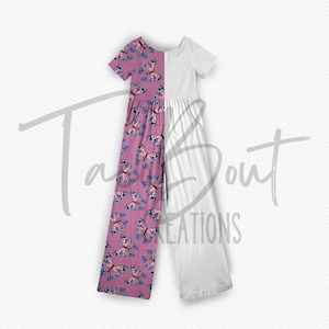 May include: A pink and white jumpsuit with a butterfly print on the left side. The jumpsuit has short sleeves and a scoop neck.