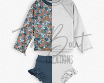 Maqueta de rashguard y pantalones con volantes para niñas, maqueta de traje de baño, maqueta de Procreate, maqueta de Photoshop, maqueta de ropa realista