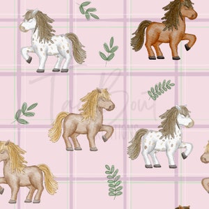 Horse watercolor pony greenery girly pink seamless pattern, 300 DPI