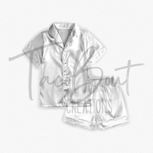May include: A white satin pajama set with a short-sleeved button-up top and matching shorts.