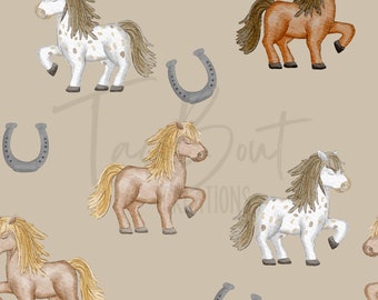 May include: A seamless pattern featuring brown, white, and tan horses with brown manes and tails. The horses are standing on a beige background with gray horseshoes scattered throughout.
