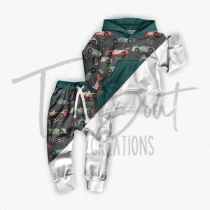 May include: A two-piece baby outfit featuring a teal hooded sweatshirt with a white and gray racing car pattern and matching pants with the same pattern.