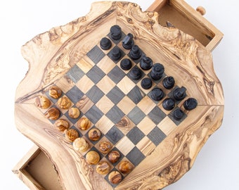 Échiquier Unique Fait Main, Pièces d'échecs + Jeu d'échecs Fait Main avec des Bords Rugueux en Bois d'Olivier, Échiquier en Bois, Échiquier