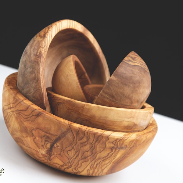 Wooden Bowls Set of Olive Wood Nesting Bowls Handmade, from small to Extra Large sizes, Wood Bowls handmade + (FREE 6 Olive Wood Spoons)