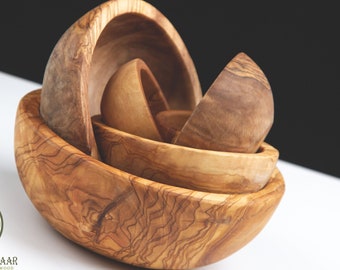 Wooden Bowls Set of Olive Wood Nesting Bowls Handmade, from small to Extra Large sizes, Wood Bowls handmade + (FREE 6 Olive Wood Spoons)