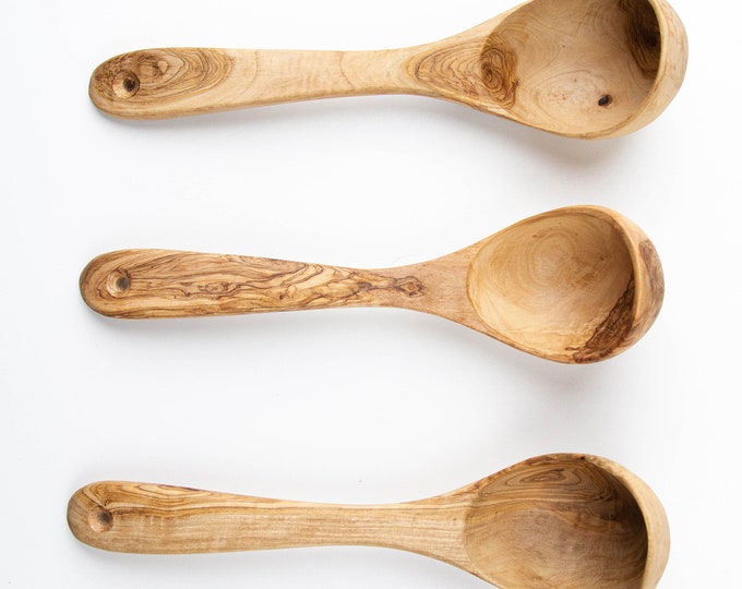 Set of 3 Olive Wood Spoon, Unique Spoon, Ladle Wood Spoon for use with non-stick pans, Wooden Spoons