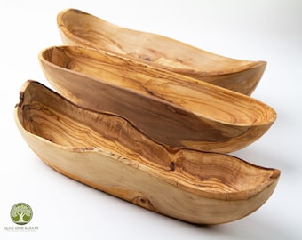 Rustic Wooden Bowls from Olive Wood, Live Edge Long Bowls, French Bread Basket handmade, Wooden Bread Basket for Serving Live Edge