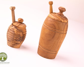 Honey Pot with Dipper, Honey Jar with dipper Handmade from Olive wood, Honey Dispenser