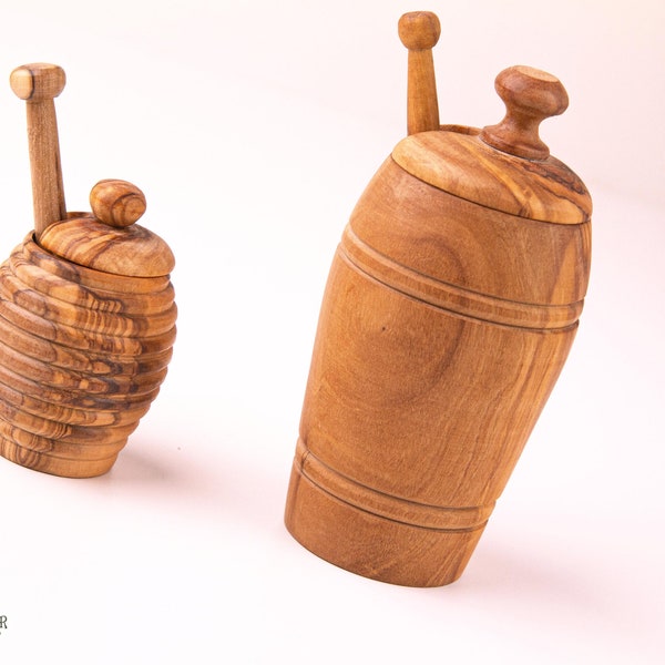 Honey Pot with Dipper, Honey Jar with dipper Handmade from Olive wood, Honey Dispenser